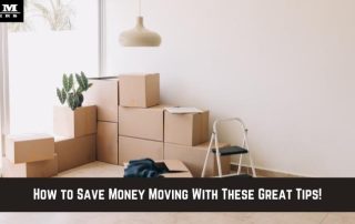 A bright room with stacked moving boxes, a potted plant, a step stool, and the text: How to Save Money Moving With These Great Tips!.