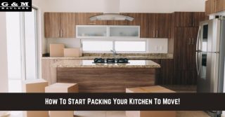 Modern kitchen with brown cabinets and granite countertops, several cardboard boxes on the floor, and text overlay: How To Start Packing Your Kitchen To Move!.