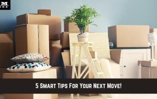 Stacked cardboard boxes, a plant, and household items are arranged in a room, illustrating moving preparations. Text reads: 5 Smart Tips For Your Next Move!.