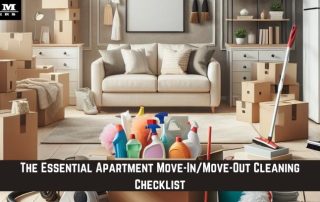A living room with packed moving boxes, cleaning supplies, a mop, broom, and vacuum, with a banner reading The Essential Apartment Move-In/Move-Out Cleaning Checklist.