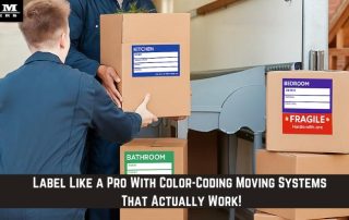 Two movers handle labeled cardboard boxes, each marked with colored labels for different rooms, promoting color-coded moving systems by G&M Haulers.