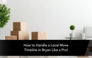 Three cardboard boxes stacked near a green potted plant, a small table with a plant, and a gray armchair in a minimalist room. Text overlay: How to Handle a Local Move Timeline in Bryan Like a Pro!.