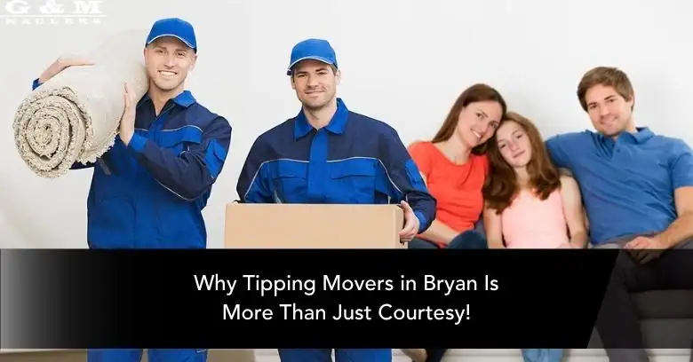 G&M Haulers movers in blue uniforms with a family, holding a rolled rug and a box.